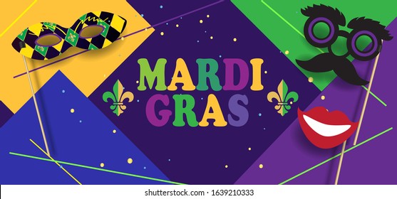 2023 Mardi Gras Carnival New Orleans, Abstract Festival music dance festival night party, fireworks, confetti, masquerade mask modern design, Harlequin Fleur de Lis Diamond pattern, Rio Brazil banner