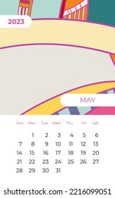 2023 May calendar abstract contemporary art vector. Desk, screen, desktop month 05, 2023, colorful 2023 calendar template, agenda pattern. Psychedelic calendar, day planner starts Sunday. May page.