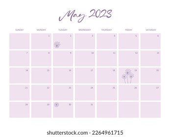 2023 May calendar for Digital Bullet journal vector illustration. Hand written calendar with flourish decoration. 