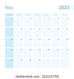 2023 May wall planner in blue color, week starts on Sunday. Calendar for May 2023 with day of previous and next month.