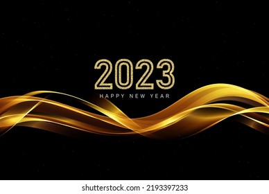 2023 Merry Christmas and Happy New Year. Abstract shiny transparent wave flow, golden color. Wave design element.