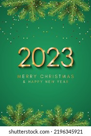 2023 Merry Christmas and Happy New Year greeting card. Christmas tree on a green background. 