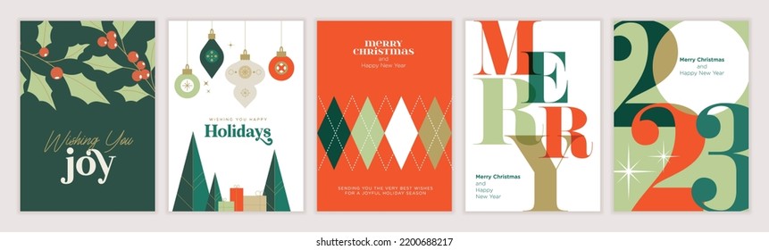 2023 Merry Christmas and Happy New Year greeting cards templates. Vector illustrations for posters, banners, backgrounds or greeting cards.