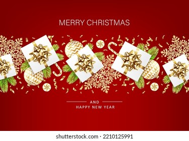 2023 Merry Christmas and Happy New Year banner with gift boxes, golden glitter snowflakes, balls, fir tree, candys and confetti on red background. Vector ilustration. 