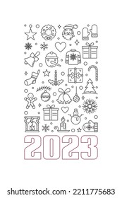 2023 Merry Christmas and Happy New Year vector concept minimal vertical banner or illustration in thin line style