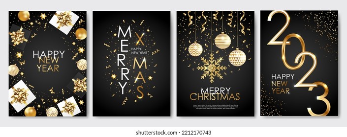 2023 Merry Christmas, Happy New Year cards with gift boxes, balls, glitter snowflake, golden type and confetti on black bacground. Modern universal templates. Vector illustration.