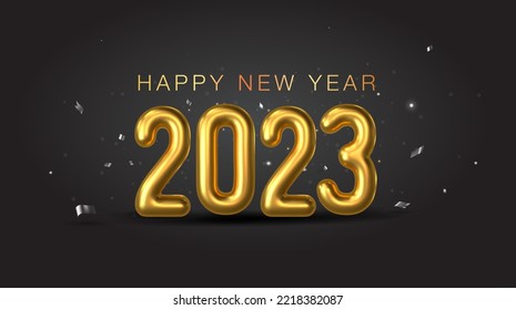 2023 Merry Christmas and Happy New Year celebration greeting card design. 2023 golden 3d text with confetti background.