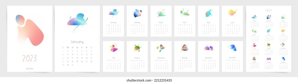 Minimale Kalendervorlage 2023. Die Woche beginnt am Sonntag. Modernes Design, bereit zum Drucken 2023 Kalender mit Farbverlauf-abstrakten Formen. Vektor-Jahresvorlage-Set.	