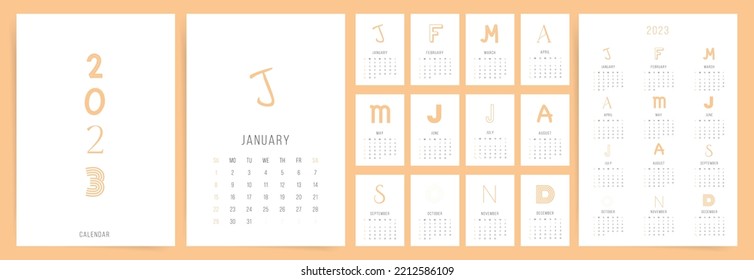 2023 minimal creative calendar template. Week starts on Sunday. Plain and clean design, ready to print 2023 calendar with modern typography letters design. Vector annual set template.	