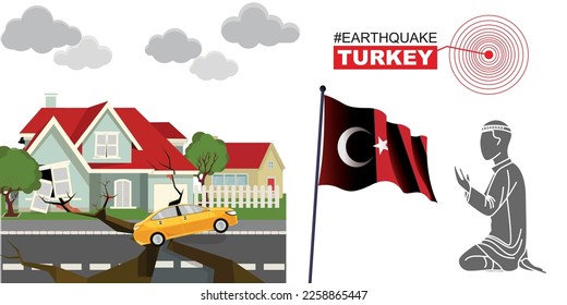 2023 Modern brush flag of Turkey with brush stroke splash effect. Help Turkey. Turkey Earthquake happend in February 2023. Decorative photo with Turkish flag, and ruined city buildings. Pray for Turke