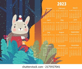 2023 Monthly Calendar. Illustration of a Bunny with Lantern at Night