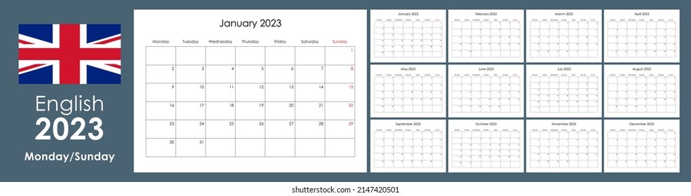 2023 monthly calendar landscape.  Printable and minimalist organizer, Yearly planner template, Monday Start, A4 or Letter. 12 boards, months set. Wall layout. Clear pages.