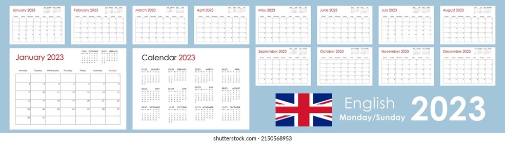 2023 monthly calendar landscape. Printable and minimalist organizer, Yearly planner template, Monday Start, A4 or Letter. 12 boards, months set. Wall layout. Clear pages.
