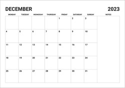 2023 Monthly December Calendar Include Notes
