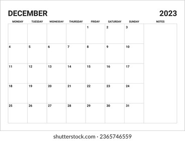 2023 Monthly December calendar include notes