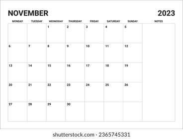 2023 Monthly November calendar include notes