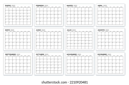 2023 Monatlicher Spanischer Kalender. Vorlage für den Monatsplan des Veranstalters. Die Woche beginnt am Montag. Business- und Personalkalender. 4:3 Verhältnis. Vektorgrafik.