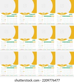 2023 monthly weekly calendar vector template