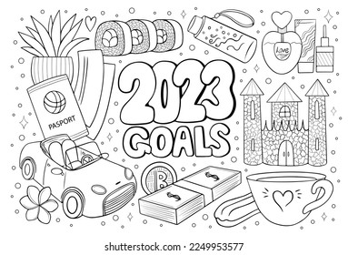 2023 mood board goals to dream life and success antistress coloring page for adults. Manifesting happiness coloring sheet