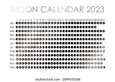 2023 Moon calendar. Astrological calendar design. planner. Place for stickers. Month cycle planner mockup. Isolated black and white background.