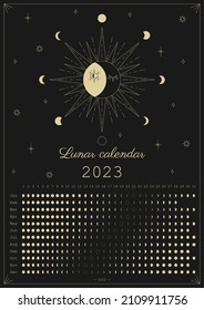 Calendario de la luna 2023. Diseño de calendario astrológico. Ciclo de fase lunar. Diseño moderno de plantillas de afiches para el calendario boho luna. Calendario y ciclos de las fases lunares. Ilustración vectorial. Editable A3, A4, A5