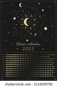 2023 Moon calendar. Astrological calendar design. Moon phase cycle. Modern boho moon calendar poster template design. Lunar phases schedule and cycles. Vector vintage illustration. Editable A3, A4, A5
