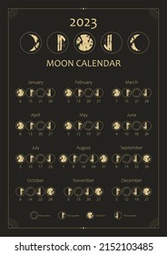 2023 Moon calendar. Astrological calendar design. Moon phase cycle. Modern boho moon calendar poster template design. Lunar phases schedule and cycles. Vector vintage illustration. Editable A3, A4, A5