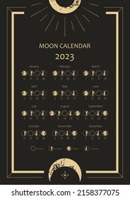 Calendario de la luna 2023. Diseño de calendario astrológico. Ciclo de fase lunar. Diseño moderno de plantillas de afiches para el calendario boho luna. Calendario y ciclos de las fases lunares. Ilustración vectorial. Editable A3, A4, A5