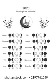 2023 Moon phase calendar. Vector illustration. Astrological calendar design. Editable formats A3, A4, A5.