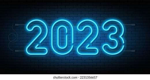 2023 neon signboard. Glowing numbers 2023, neon light effect for background, web banner, poster and greeting card. Merry Christmas and Happy New Year concept. Vector