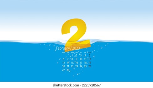 2023 New Desk Calendar 02 orange yellow month February template wave water blue background