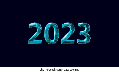 2023 New Year 3D metal ice texture. Glowing shape blue dark neon number illustration. Celebration decoration steel silver chrome poster greeting card vector