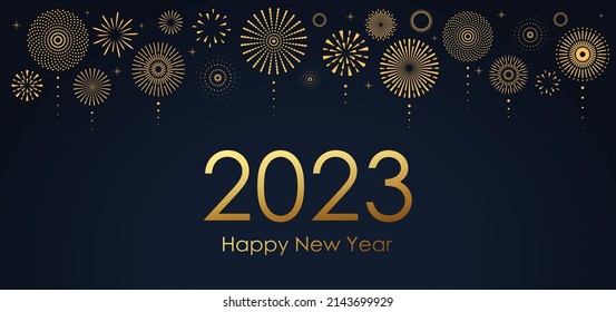 2023 New Year Abstract golden fireworks   golden gradient numbers dark background