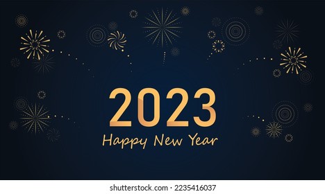 2023 New Year Abstract golden fireworks and golden gradient letters on dark background