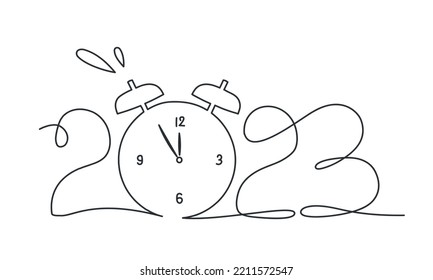 2023 New Year with alarm clock. Hand drawn vector illustration. Black and white.