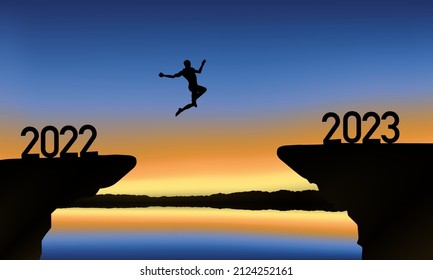 2023 New Year Background Design. A man is jumping over to cliff and jump across between 2022 and 2023 word. Vector Illustration