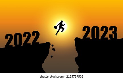 2023 New Year Background Design. A businessman is jumping over to cliff and jump across between 2022 and 2023 word. Vector Illustration