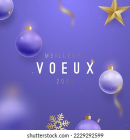 2023 New Year background. Festive banner with shiny balls and golden snowflakes. Motion blur effect. Meilleurs voeux - Best wishes from french.