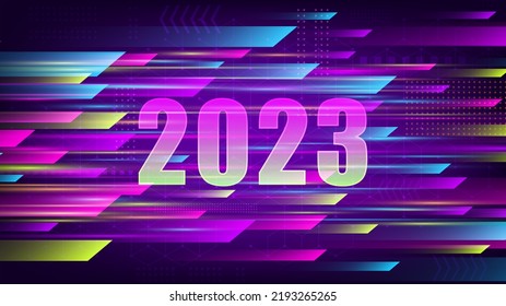 Antecedentes del año nuevo 2023. Colores neones. Pancarta abstracta de tecnología. Ilustración del vector