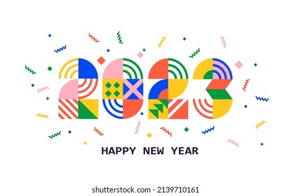 2023 New Year banner with numbers from simple geometric shapes and figures inside confetti. Template for greeting card, invitation, poster, flyer, web.Vector illustration isolated on white background.