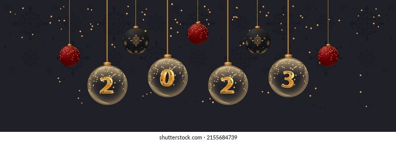 2023 New year banner on dark background. Xmas flyer with glass balls with numbers and glitter.  Greeting card design template