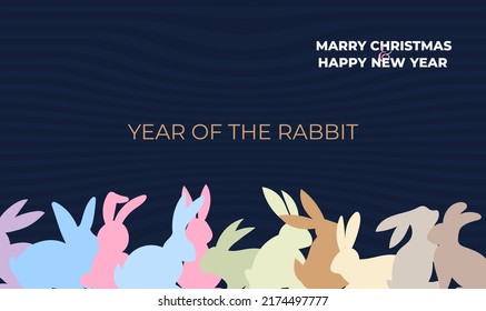 2023 New Year banner. Year of the rabbit. On a black background. Rabbit colorful silhouettes. For websites. Minimalistic trendy horizontal backgrounds. New Year 2023. Christmas vector illustration.