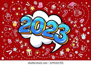 2023 new year. Blue Numbers 2023 in pop art style on red background with hand drawn decorations. Vector illustration.