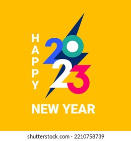 2023 New Year bright banner on yellow background with numbers, wishing text and lighting on backdrop for seasonal holidays flyers, greetings and invitations, web. Vector illustration.