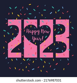 2023 new year, bright multicolored inscription greeting with heart and confetti. Vector illustration
