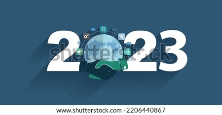 2023 new year business world handshake connection deal icons digital marketing ideas concept, Vector illustration modern design layout template