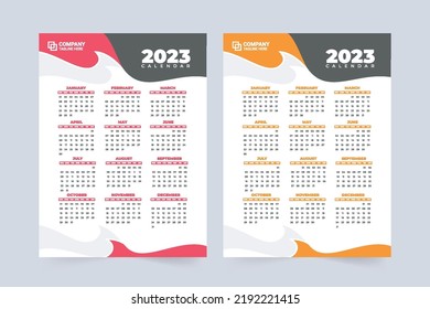 2023 new year calendar template design with abstract shapes. New year office stationery and wall calendar decoration with red and yellow colors. 2023 calendar template vector. Week starts on Sunday.