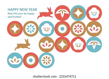 2023 New year card. Japanese auspicious things icons and silhouette rabbits. For greeting card,poster,flyer and banner etc.