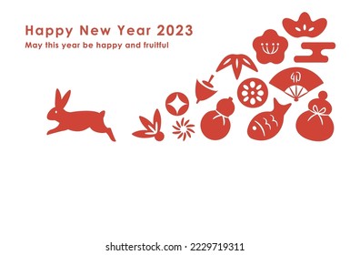 2023 New year card. Running rabbit and Japanese auspicious things.Simple design. For greeting card,poster,flyer and banner etc.