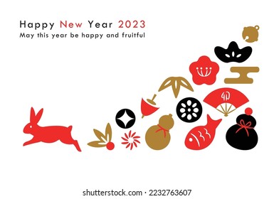 2023 New year card. Running rabbit silhouette and Japanese auspicious icons. simple design. For greeting card,poster,flyer and banner.